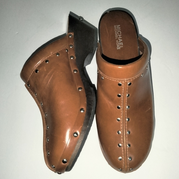 Michael Kors (Size 8) Camel Brown Leather Upper Stud Trim Slip-on Clogs - Picture 1 of 11